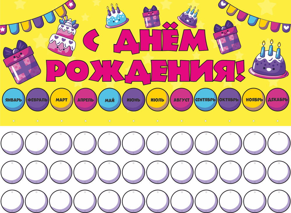 Стенд для детского сада "С днем рождения!" 60х26см с месяцами года + 36 кругов для даты рождения в комплекте #1