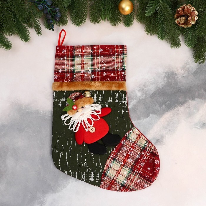 Носок для подарков "Дед Мороз, клетка" 26х36 см, красно-зелёный  #1