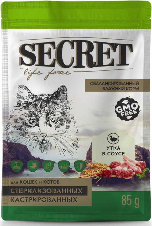 Влажный корм для стерилизованных кошек и кастрированных котов Secret Life Force утка в соусе 85г  #1