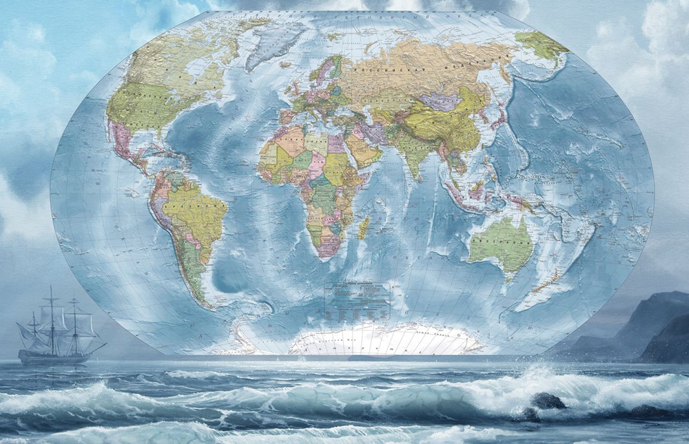 Фотообои флизелиновые на стену 3д GrandPik 80466 "Карта мира на русском, морская", 420х270 см(ШхВ)  #1