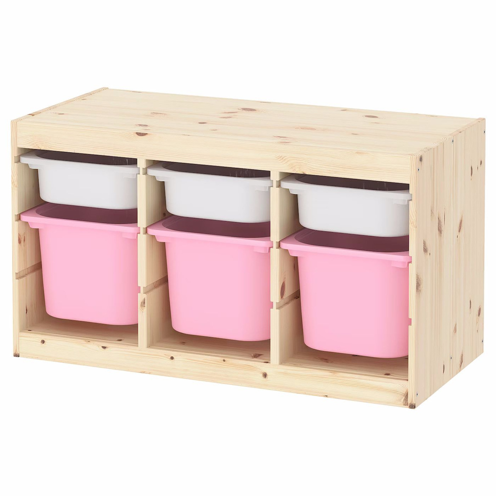 Деревянный стеллаж для игрушек с белыми (3) и розовыми (3) контейнерами TROFAST, 93.3х43.8х52.2 см  #1