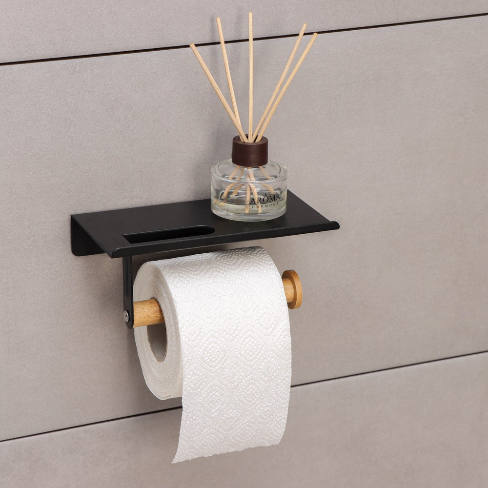 Держатель для туалетной бумаги с полочкой BAMBOO, 18х9,7х7,5 см, цвет чёрный  #1