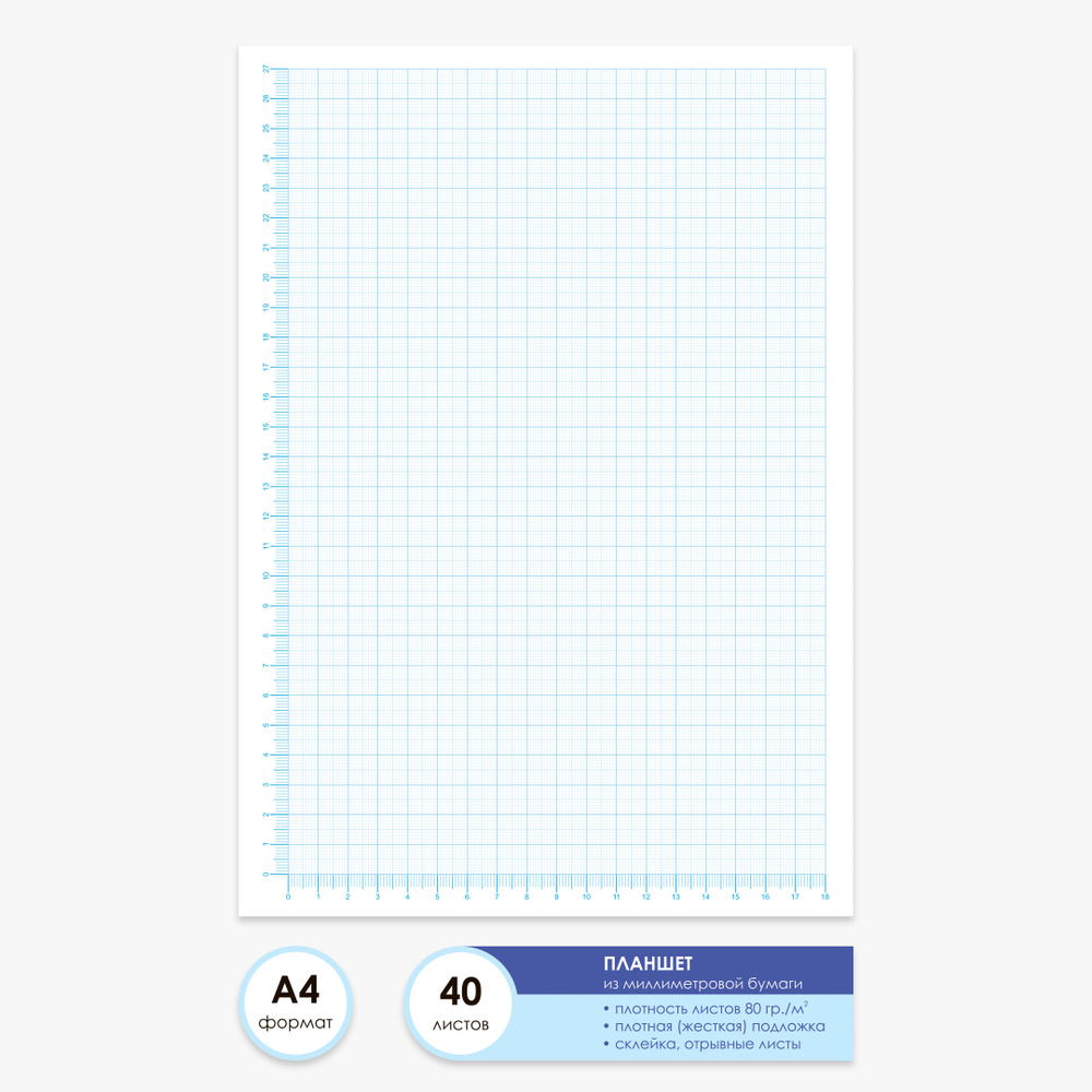 Бумага миллиметровая А4 планшет из 40 листов, голубая / склейка / масштабно-координатная линейка  #1