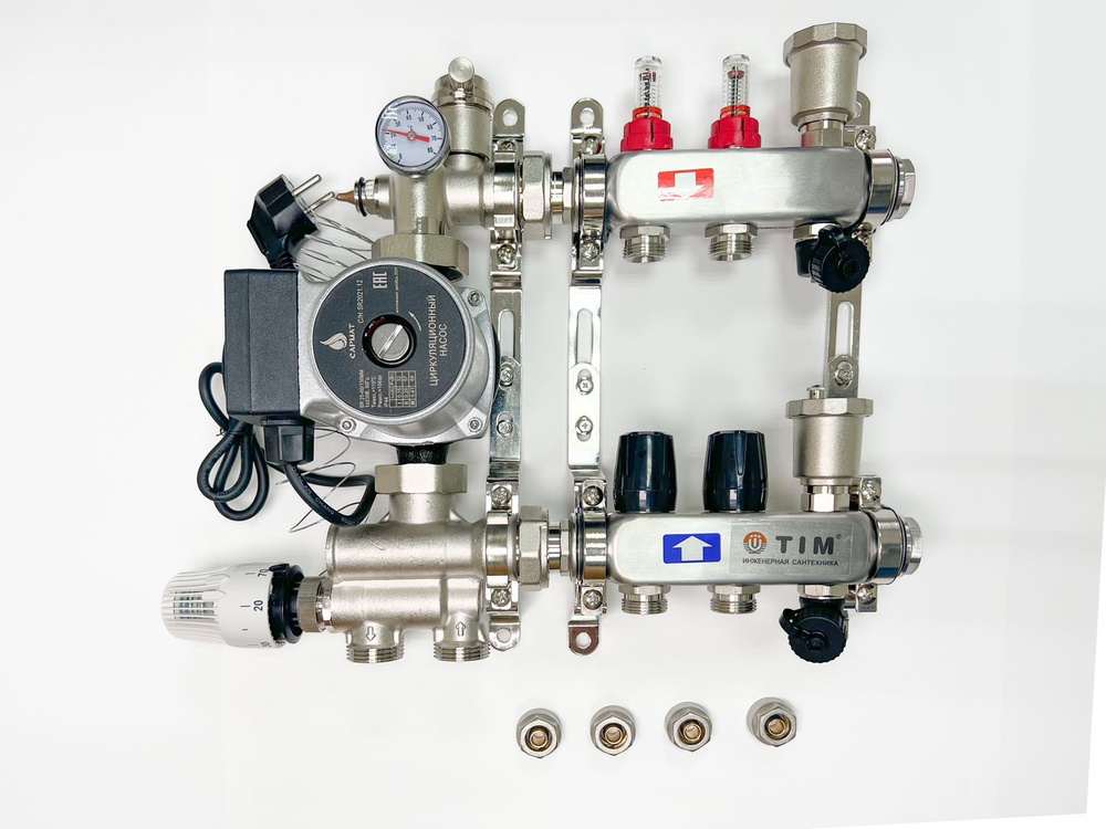 Комплект для водяного теплого пола с насосом: Коллектор 2 выхода с расходомерами + смесительный узел #1