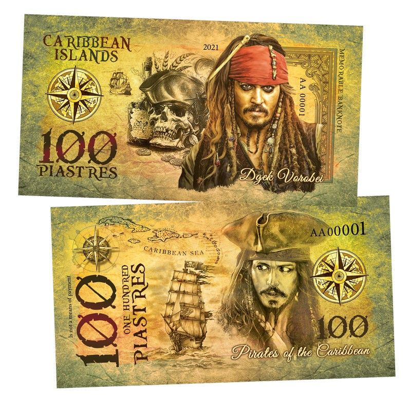 100 piastres (пиастр) Джек Воробей (Pirates of the Caribbean. Caribbean Islands). Памятная банкнота  #1