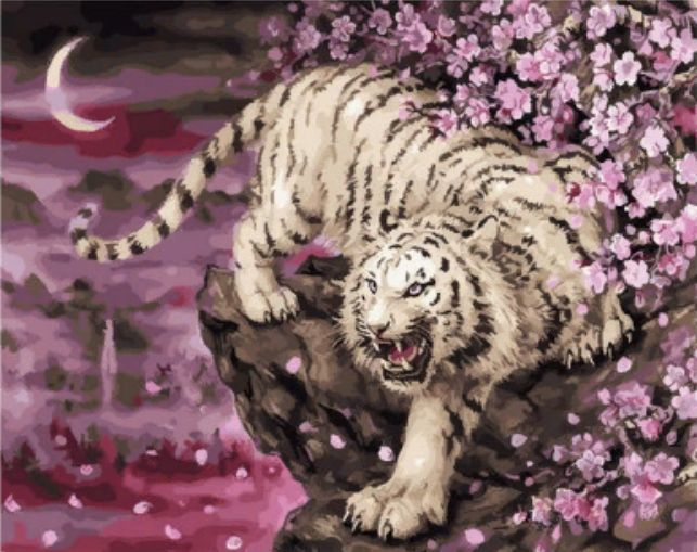 Алмазная мозаика со стразами Тигр в розовых цветах/Выкладка полная/Размер холста 30х40 см/Размер картинки #1