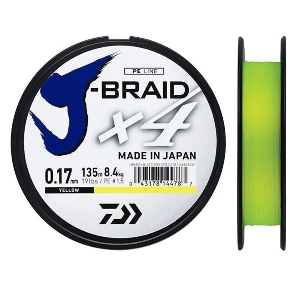 Шнур плетеный для рыбалки PE Daiwa J-BRAID X4 (0.10 мм, 3.8 кг, 135 м) цв. Жёлтый  #1