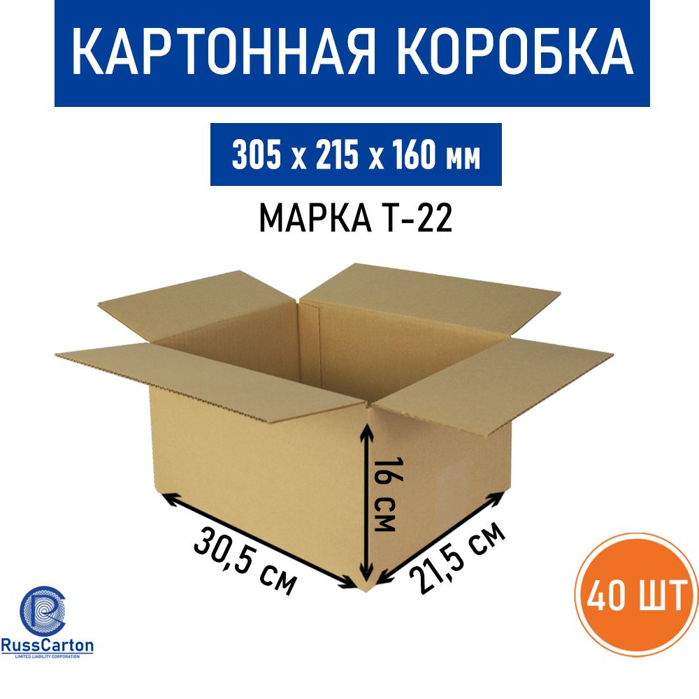 Картонная коробка для хранения и переезда RUSSCARTON, 305х215х160 мм, Т-22, 40 шт  #1