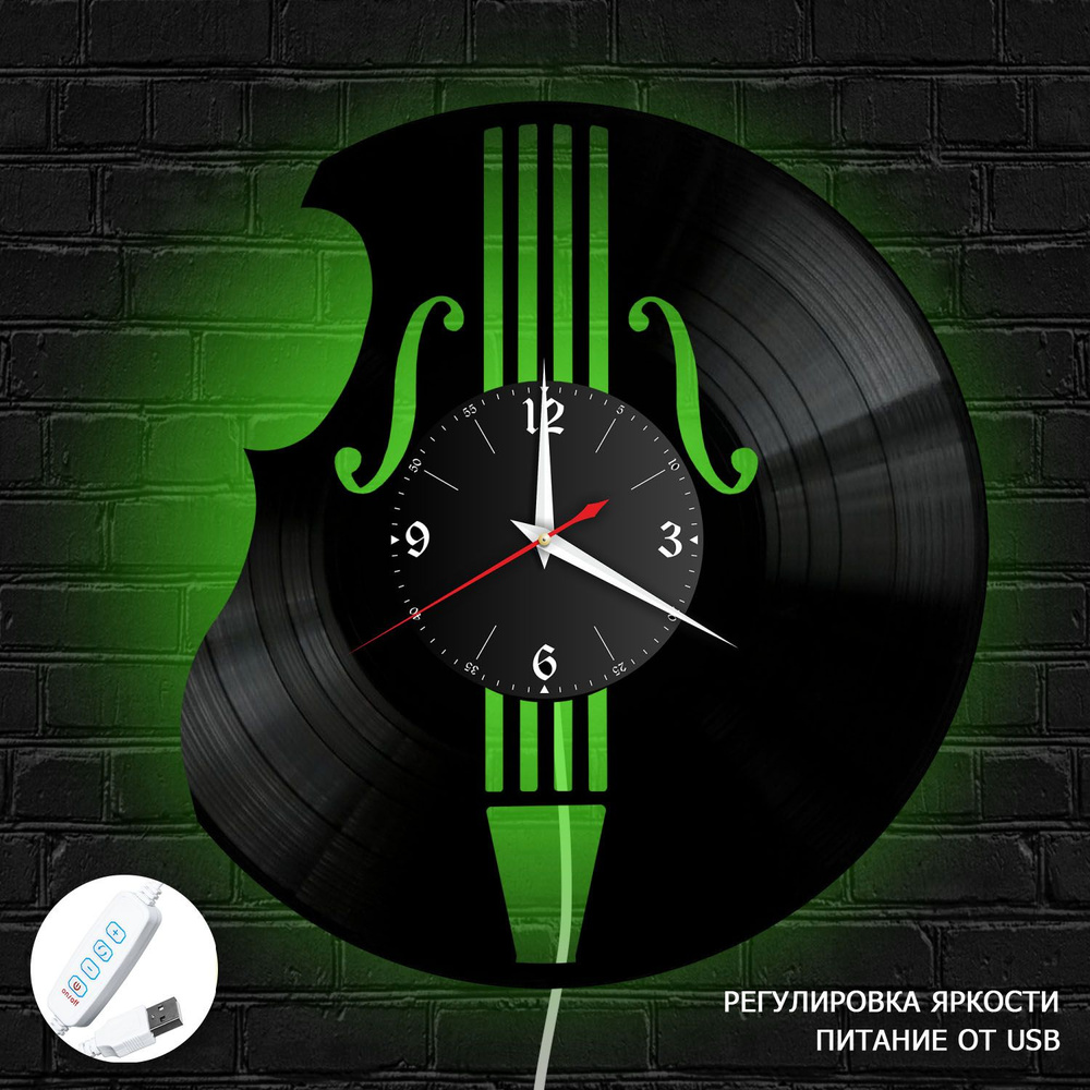 Настенные часы RedLaser "Музыка (Виолончель) из винила с зеленой подсветкой, №26", 30 см  #1