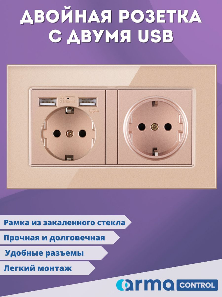 Двойная розетка с 2-мя USB-портами Armacontrol / Зарядки / Розетки с заземлением  #1