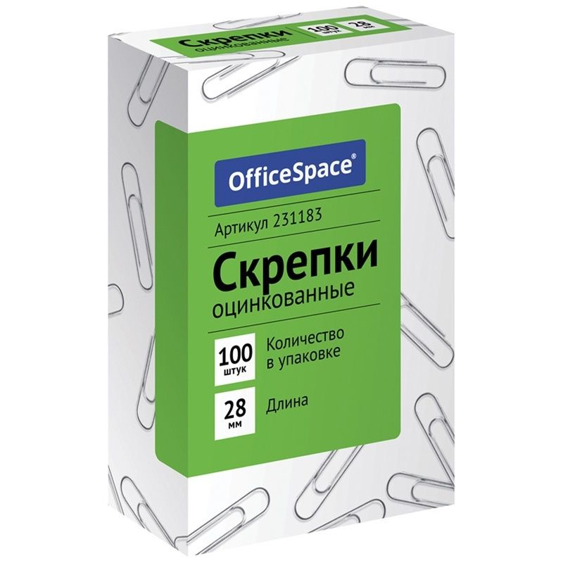 Скрепки OfficeSpace 28 мм, 100 штук, оцинкованные, картонная упаковка (231183)  #1