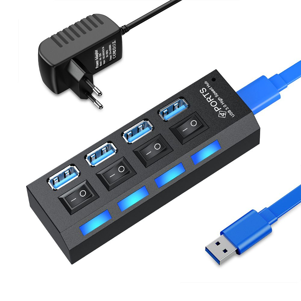 USB разветвитель 4 портов USB Hub 3 0 юсб хаб 3.0 переходник с usb блоком питания, с 4 зависимыми переключателями #1