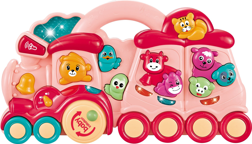 Музыкальная игрушка поезд с животными, со светом и музыкой, розовый, для малышей от 1 года, 153574  #1