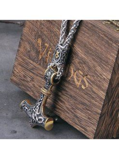 Подвеска серебряно-золотая Молот Тора с руной Родина из стали на цепочке  #1