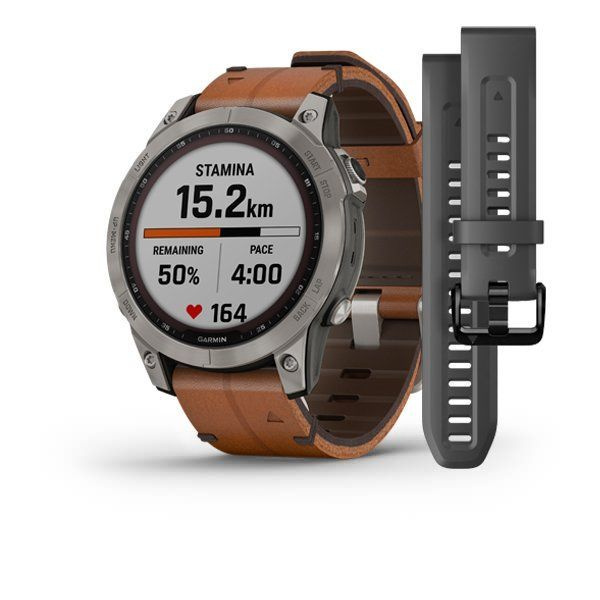 Часы Garmin Fenix 7 Sapphire Solar с подзарядкой от солнца, титановый серый с коричневым кожаным ремешком #1