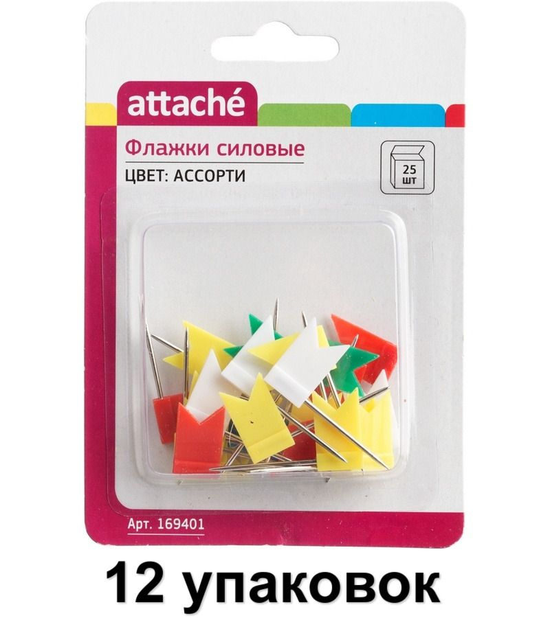 Attache Кнопки для пробковых досок силовые Флажки, 25 шт, 12 уп  #1