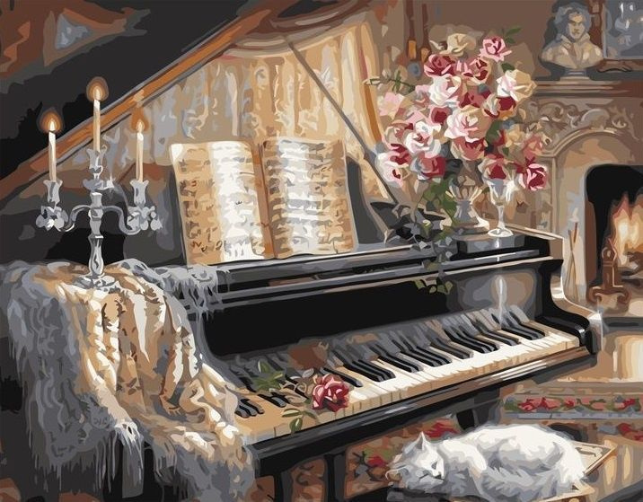Картина по номерам 40x50 см на холсте (на подрамнике) "Кот у рояля" /Живопись по номерам  #1