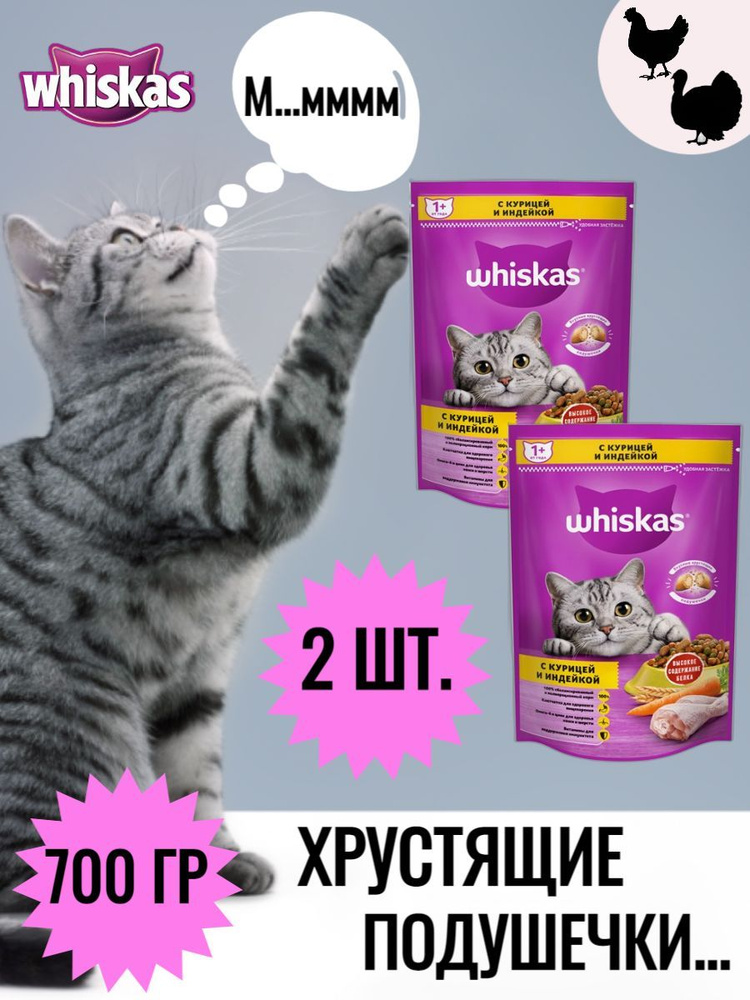 Корм сухой Whiskas Вкусные подушечки с нежным паштетом для взрослых кошек из курицы и индейки, 700 г/ #1