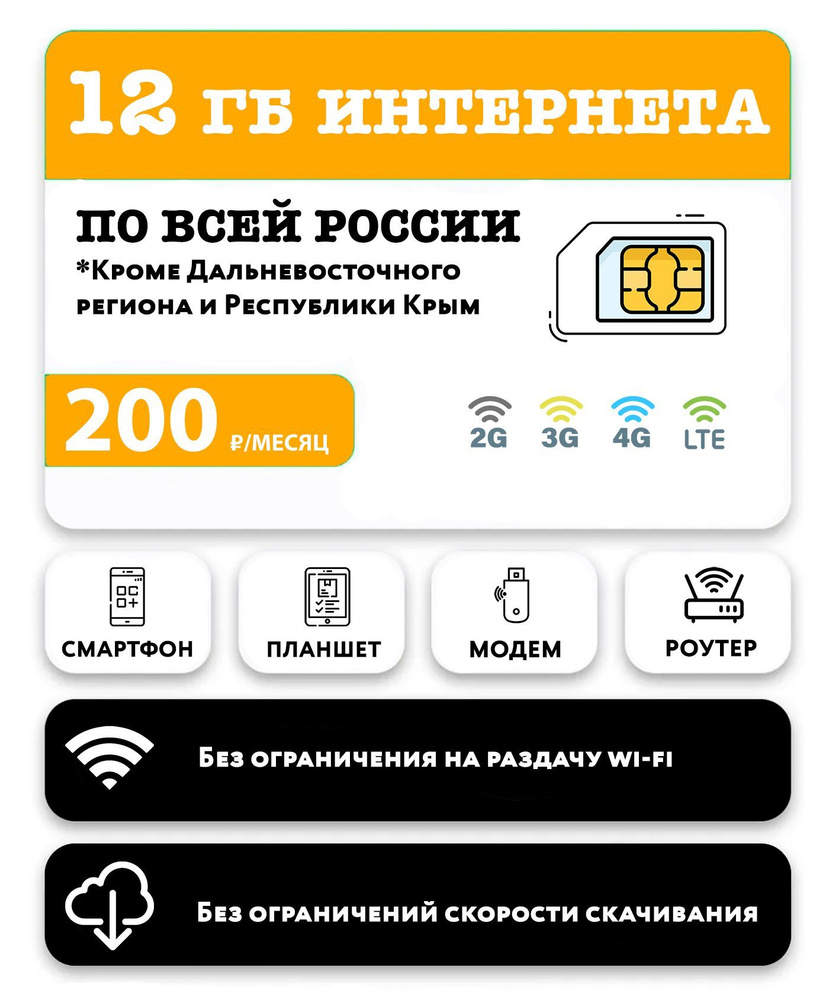 WHYFLY SIM-карта 12 Гб интернета 3G/4G/LTE за 200 руб/месяц (смартфоны, модемы, роутеры, планшеты) + #1