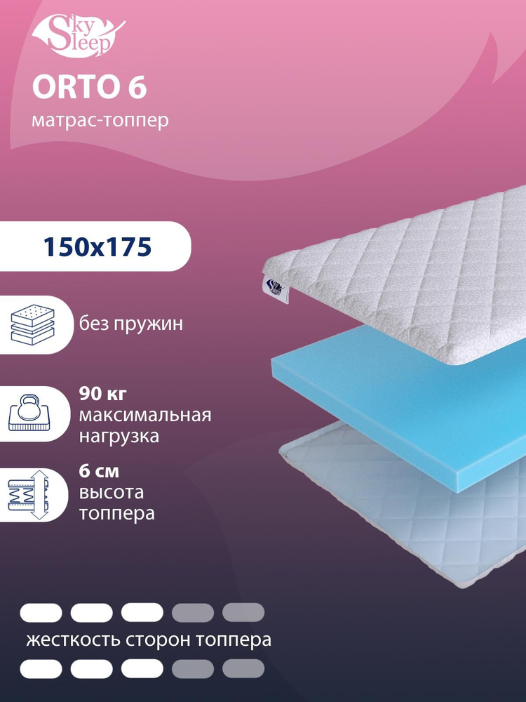 Матрас-топпер, Топпер-наматрасник SkySleep ORTO 6 на диван, тонкий матрас, на резинке, Беспружинный 150x175 #1