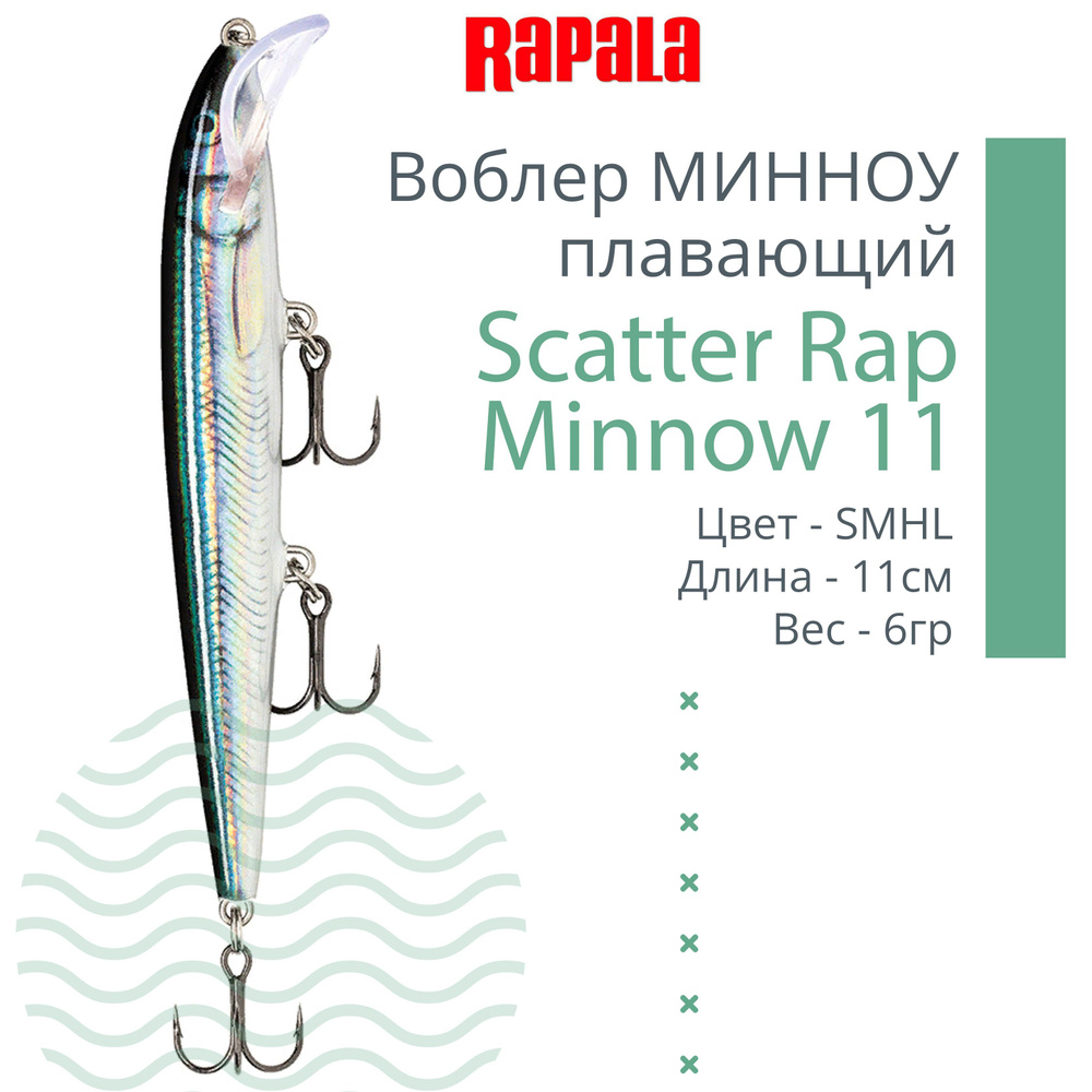 Воблер для рыбалки RAPALA Scatter Rap Minnow 11, 11см, 6гр, цвет SMHL, плавающий  #1