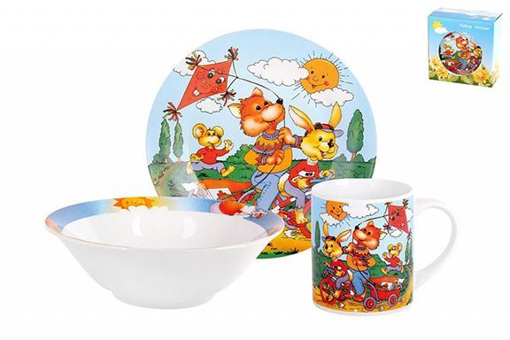 Детская посуда для кормления Веселые зверята, 3 предмета,подарочная упаковка. Уцененный товар  #1