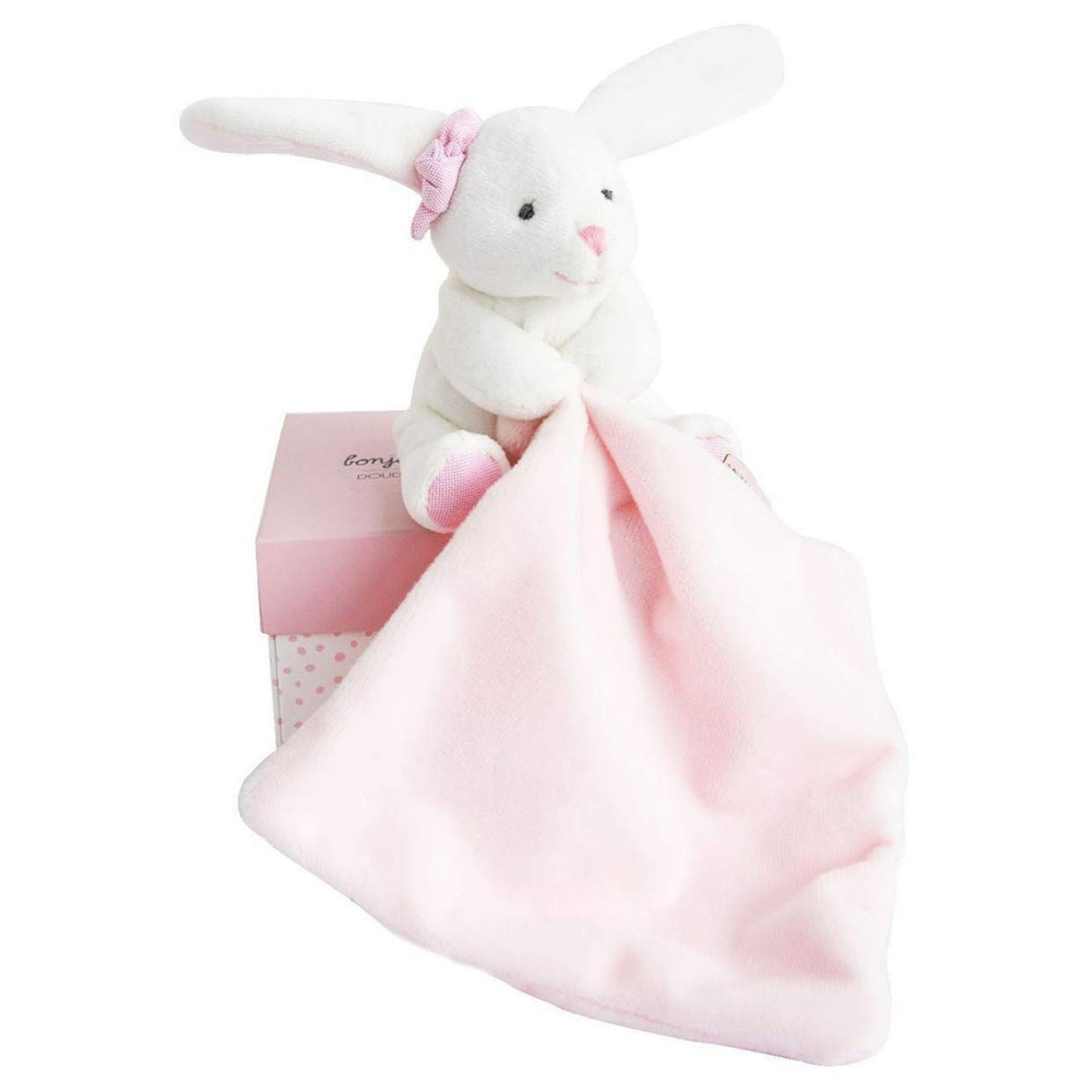 Зайчик комфортер в ПОДАРОЧНОЙ коробке, ФРАНЦИЯ, 10 см Doudou et compagnie, Doudou mouchoir Lapin rose #1