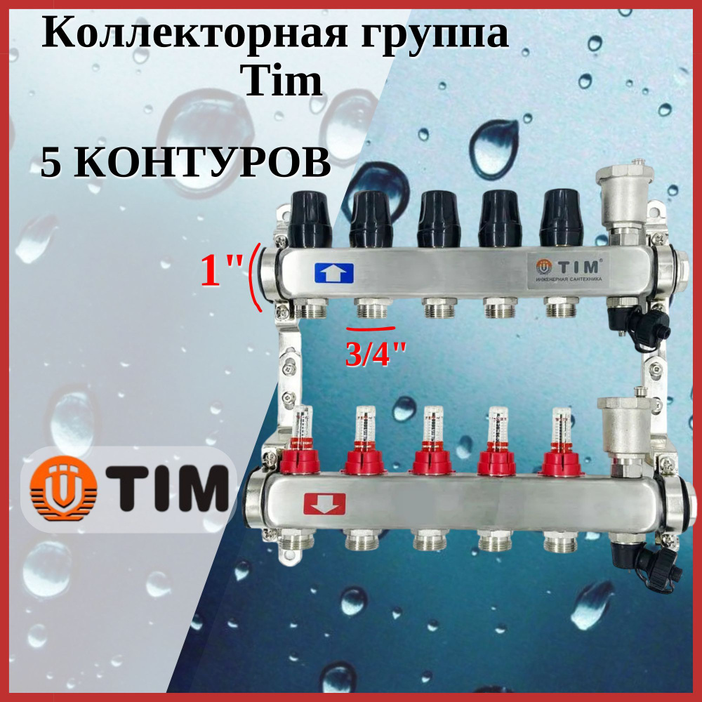 Коллектор для теплого пола TIM на 5 выходов с расходомерами из нержавеющей стали 1" - 3/4" евроконус #1