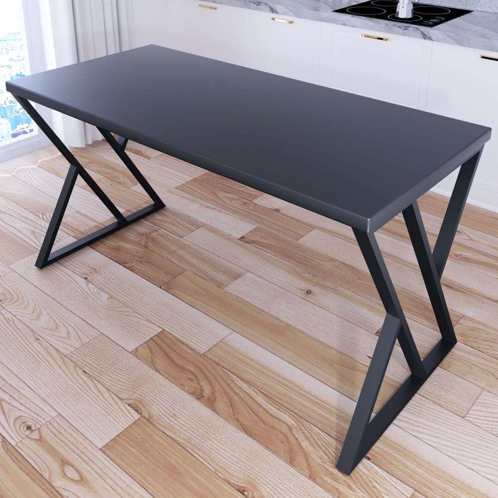 Стол кухонный Loft со столешницей цвета антрацит из массива сосны 40 мм и черными металлическими Z-образными #1