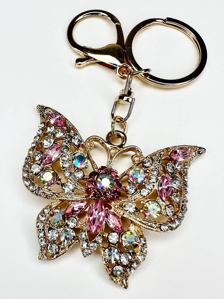 Брелок с карабином для ключей для сумки, большой золотой брелок с крупными камнями, брелок золотая бабочка #1
