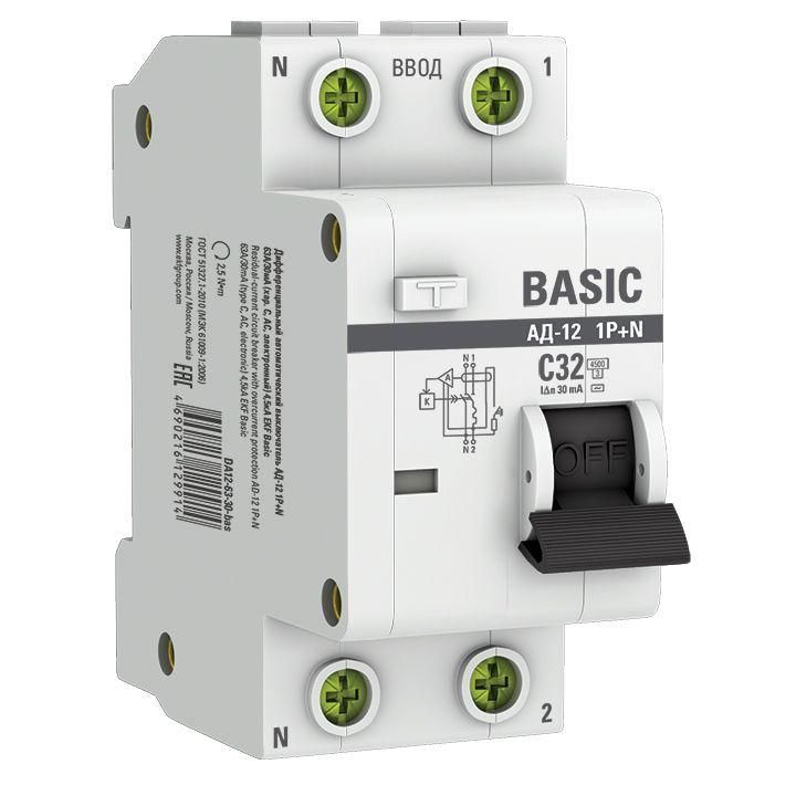 Выключатель автоматический дифференциального тока 2п (1P+N) C 32А 30мА тип AC 4.5кА АД-12 Basic EKF DA12-32-30-bas #1