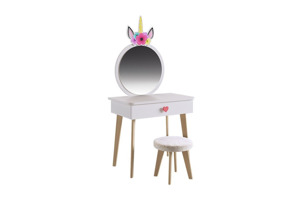 Mebelson Столик туалетный с зеркалом и стул для девочек Единорожка / 60х38.4x119.5 см белое дерево/белый #1