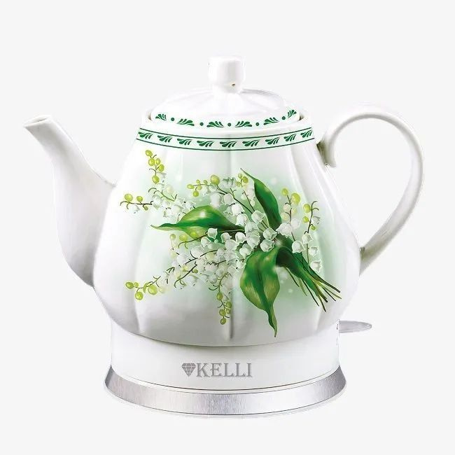 Электрический чайник KELLI KL-1382, керамический 1,7 л, 2400 Вт, белый с ландышами  #1