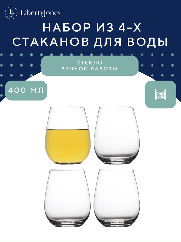 Набор стаканов для воды, сока, коктейлей Pure 400 мл, из выдувного стекла прозрачные тонкие, 4 шт.. Уцененный #1