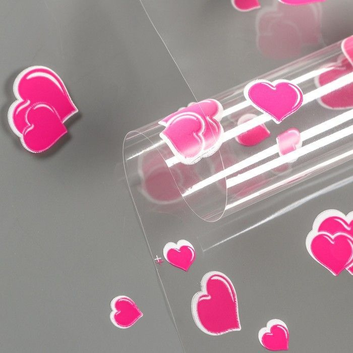 Плёнка для цветов и упаковки подарков, прозрачная, "Сердечки разные", розовые , 0,7 х 8,2 м "Сердца", #1