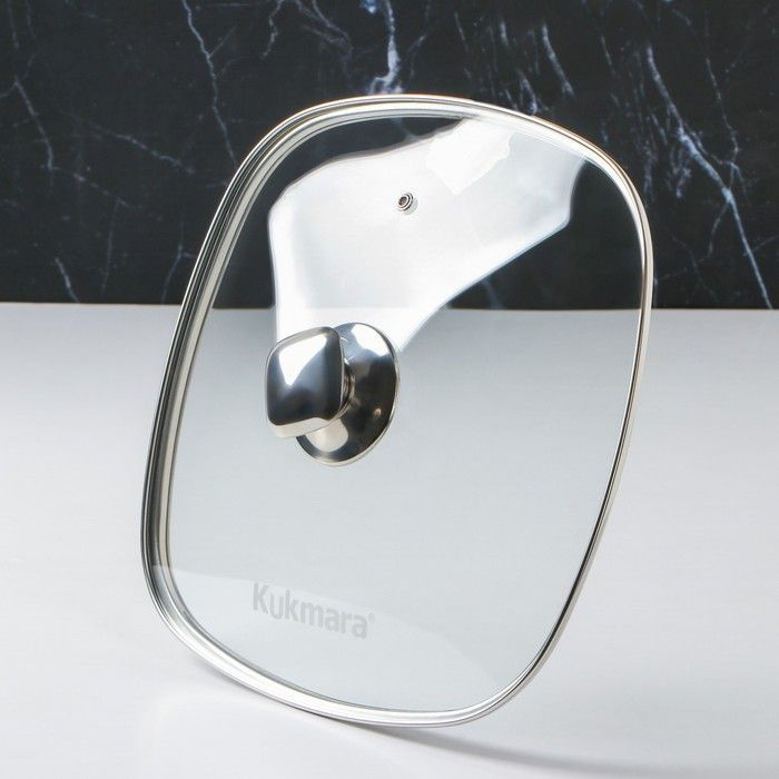 Крышка для сковороды и кастрюли стеклянная квадратная Kukmara, диаметр 28 см, с ободом и ручкой из нержавеющей #1