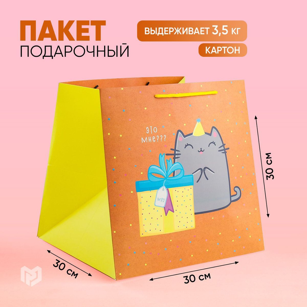 Пакет подарочный квадратный, упаковка для подарков "Котик и тортик", 30 х 30 х 30 см  #1