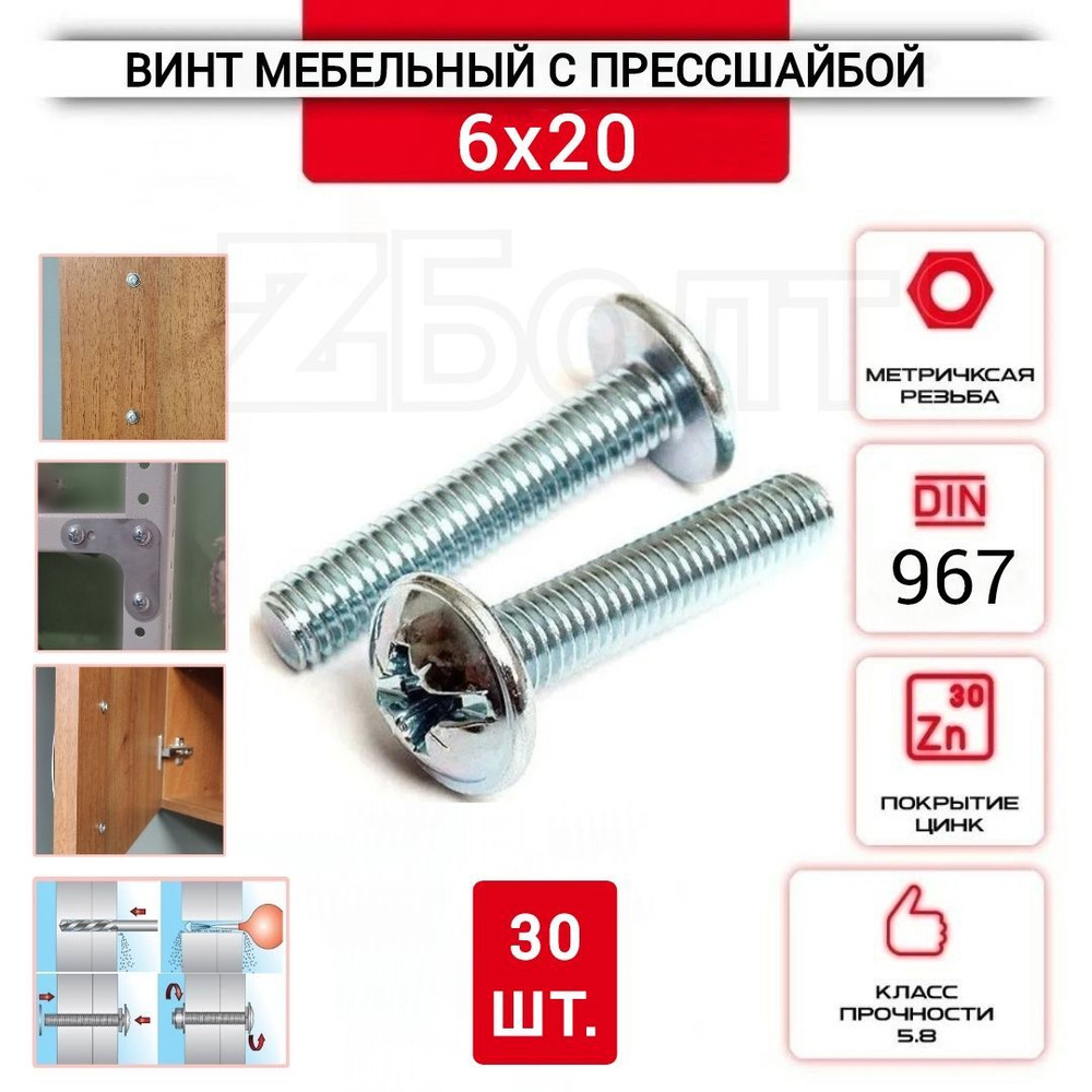 Винт мебельный с полукруглой головкой и прессшайбой, DIN967, 6х20, 30 шт.  #1