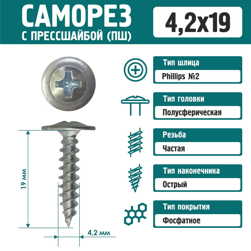 Саморез Rizzel с пресшайбой острый 4,2х19 цинк (500 шт) #1