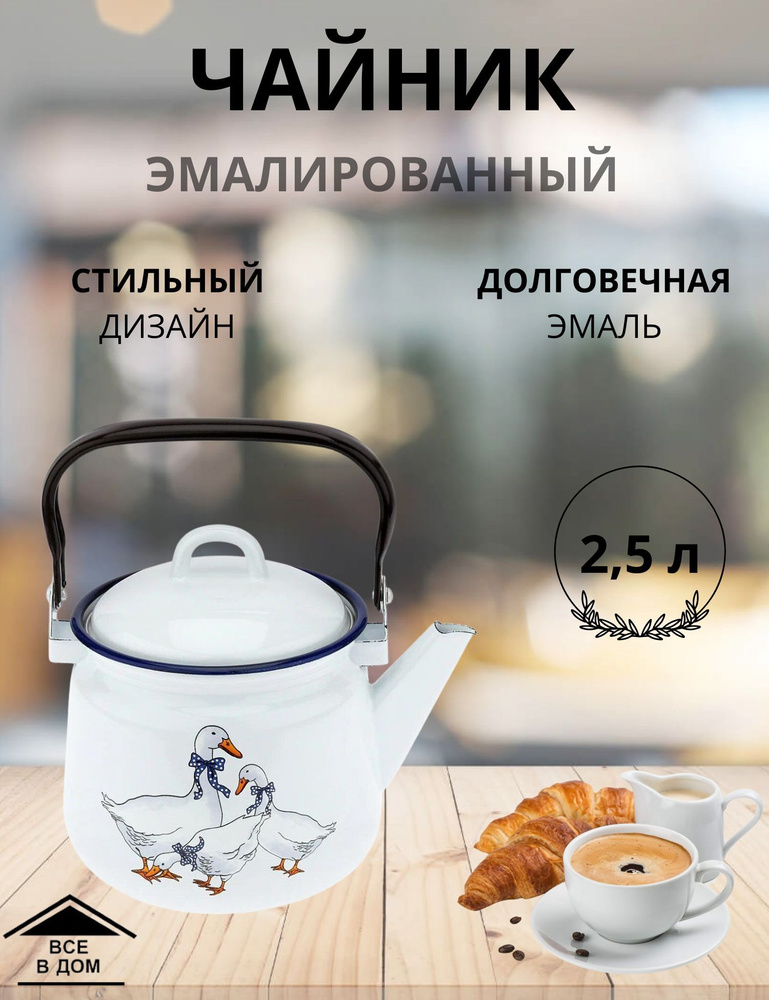 Чайник эмалированный для плиты с крышкой 2,5л. Гуси МАГНИТОГОРСК  #1