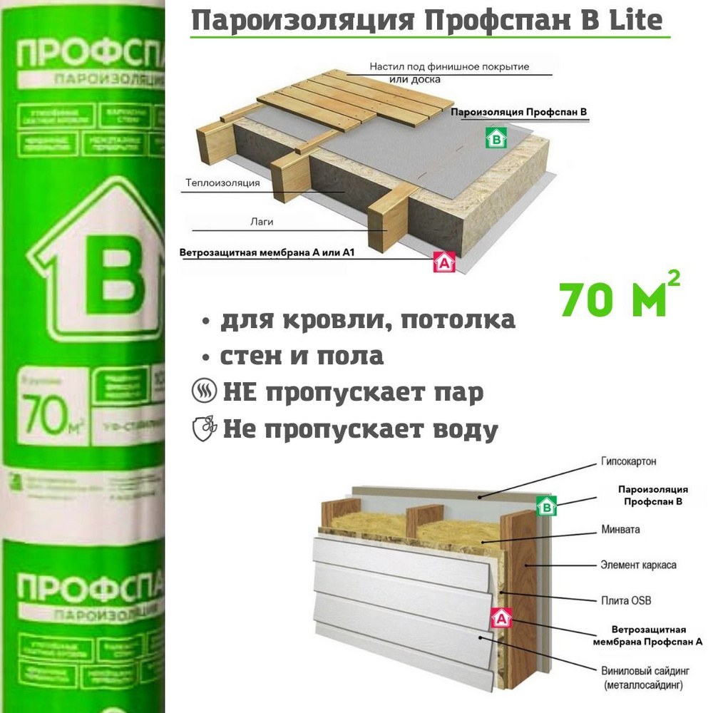 Пароизоляция Профспан B Lite 70 м.кв. ленка пароизоляционная для стен, потолка, пола, кровли  #1