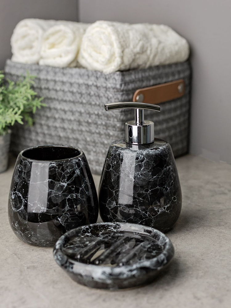 Набор для ванной комнаты аксессуары принадлежности комплект BATH PLUS PIETRA керамика черный  #1