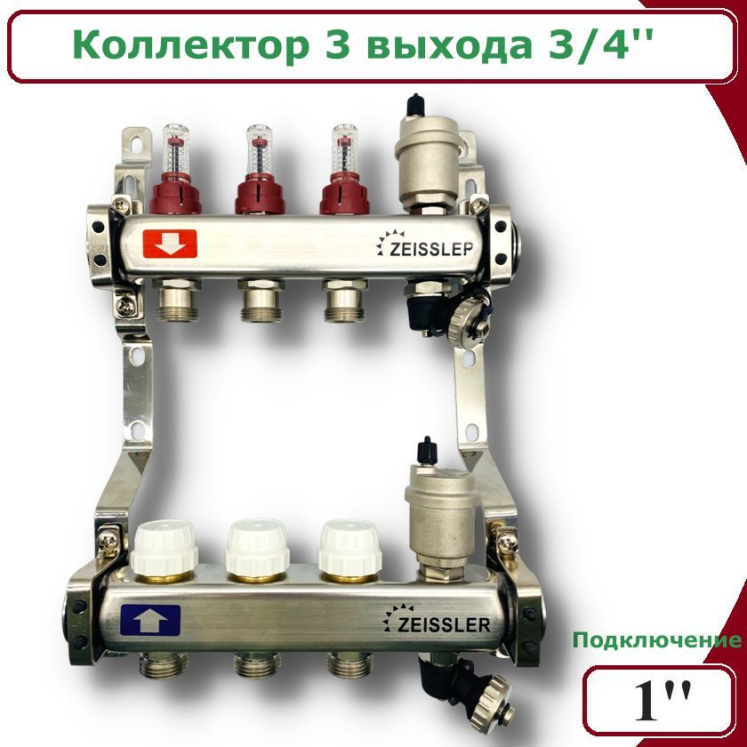 Коллектор для водяного теплого пола с расходомерами ZEISSLER, 3 контура  #1