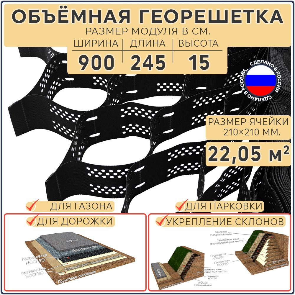 Георешетка объемная 22,05 м2 (высота 150 мм, длина 245 см, ширина 900 см, ячейка 210 мм) для укрепления #1