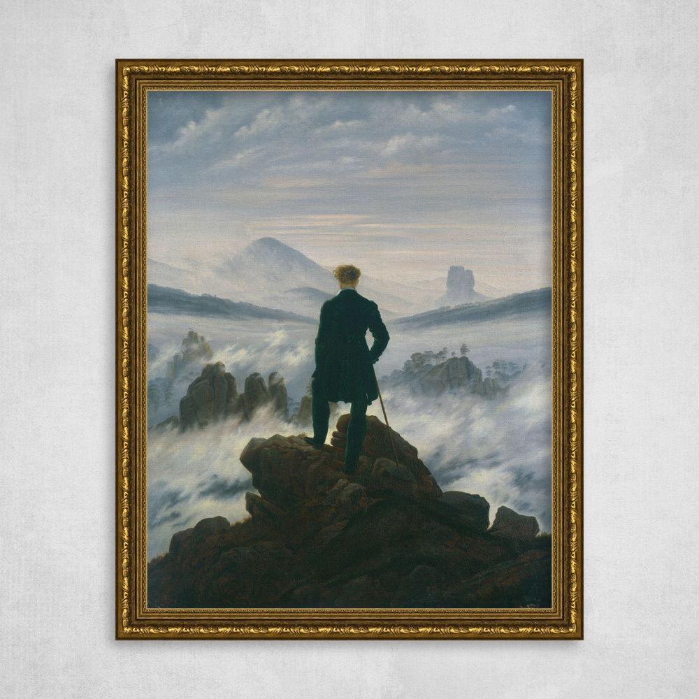 Картина на холсте в золотой багетной раме, Каспар Давид Фридрих "Странник над морем тумана", 50x64см #1