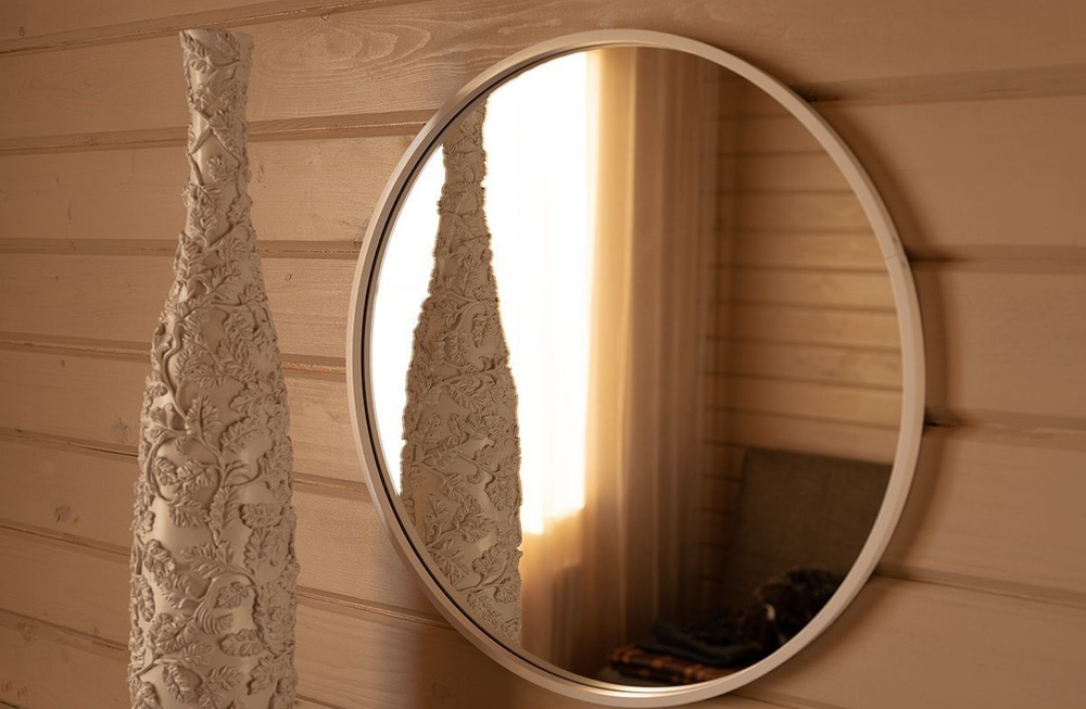 Зеркало 80см настенное интерьерное в белой раме круглое, для ванной, гостиной, прихожей, спальни.  #1