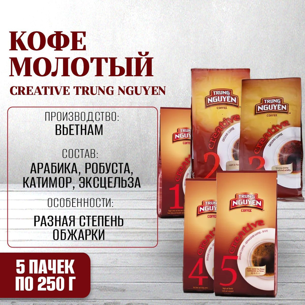 Вся серия вьетнамского молотого кофе Creative Trung Nguyen, 5 пачек по 250 г  #1