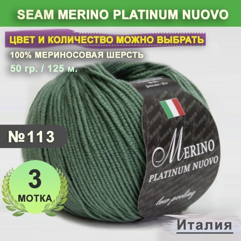 Пряжа для вязания: 3 мотка, цвет 113 Зеленая дымка Seam Merino Platinum Nuovo (Сеам Мерино Платинум Ново) #1