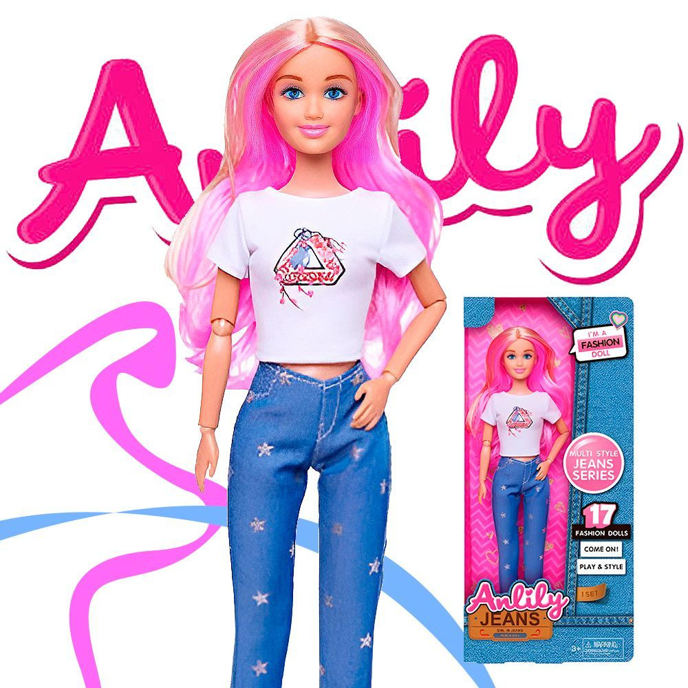 Шарнирная кукла в джинсах и с розовыми волосами, в коробке аналог Barbie  #1