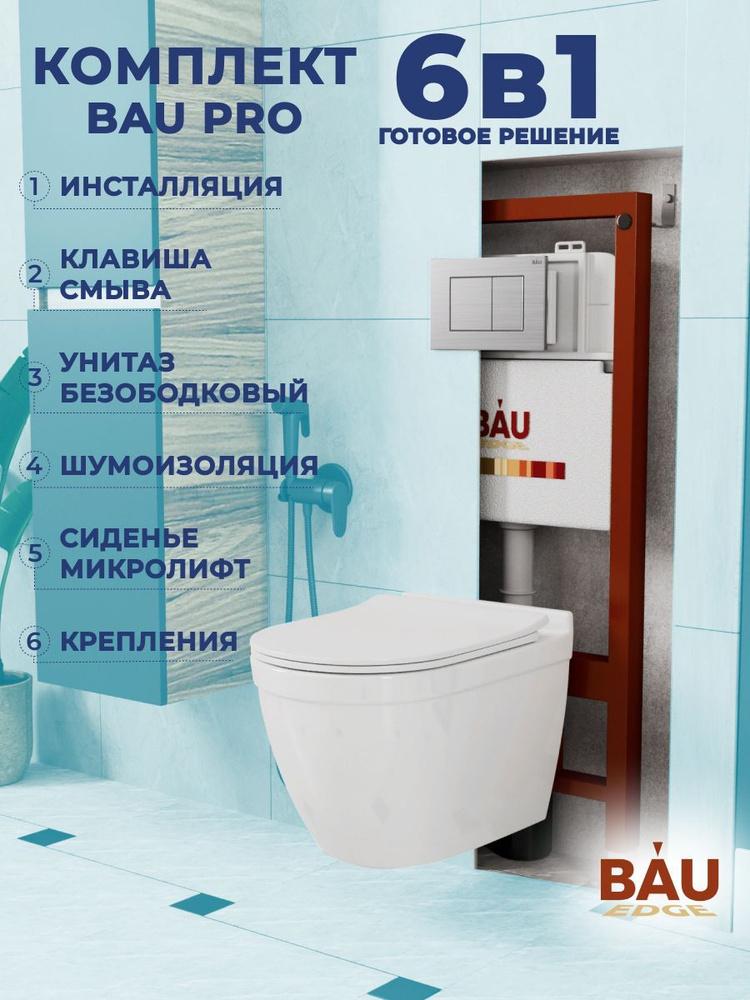 Комплект BAU 6 в 1: инсталляция BAU PRO, унитаз подвесной безободковый Bau Mif PRO, сиденье быстросъемное #1